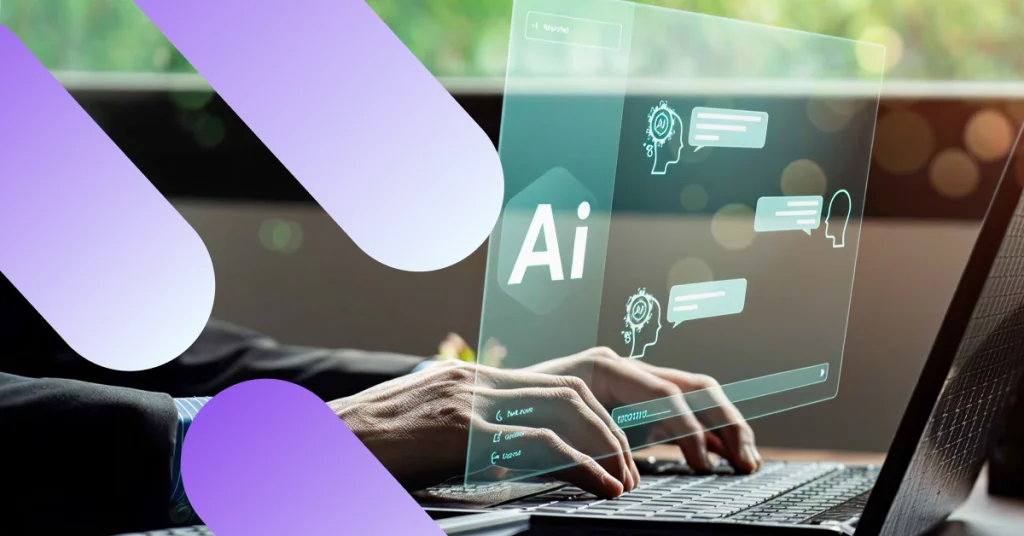 A person types on a laptop with a futuristic, holographic display showing the letters "Ai" and chatbot icons.