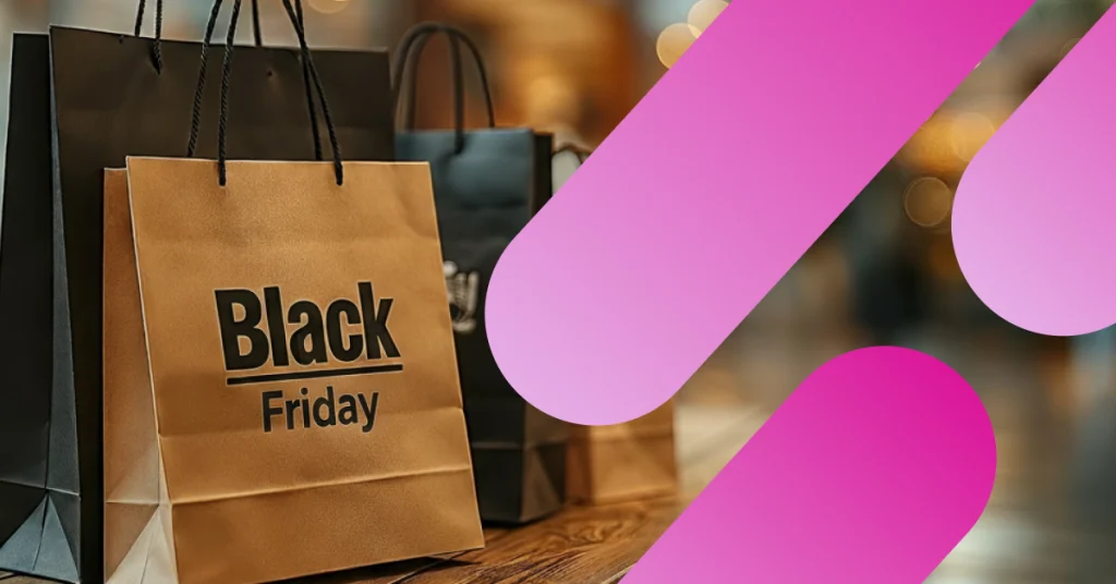 Shopping bags on a wooden table, with one brown bag labeled “Black Friday,” representing holiday shopping and sales promotions, with pink graphic overlays in the foreground