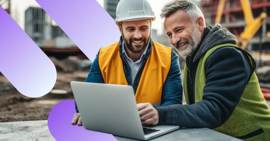 Construction and engineering professionals reviewing email performance on a laptop, how Madcraft helps measure email engagement
